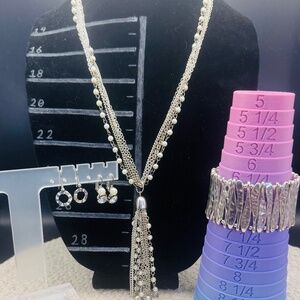 4 Piece Tassel Pearl Necklace, Bracelet, And 2 Dangle Earrings Set